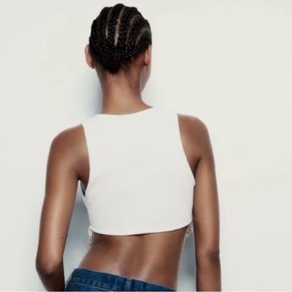 Zara White Ribbed Crop Tank with Rhinestone Fringe - Picture 7 of 7